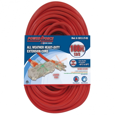 K-10012-3T-RD 100' 12/3 TRI-TAP EXTENSION CORD- RED