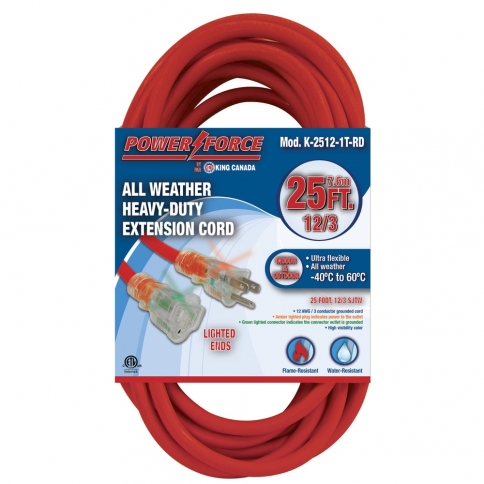 K-2512-1T-RD 25' 12/3 SINGLE TAP EXTENSION CORD- RED