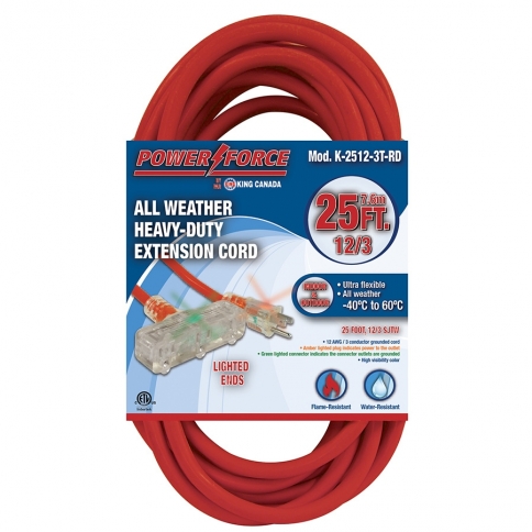K-2512-3T-RD 25' 12/3 TRI-TAP EXTENSION CORD- RED