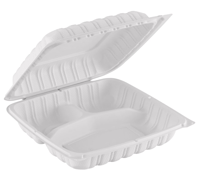 PP Hinged Container 3-Comp. White 9x9x3 150/cs