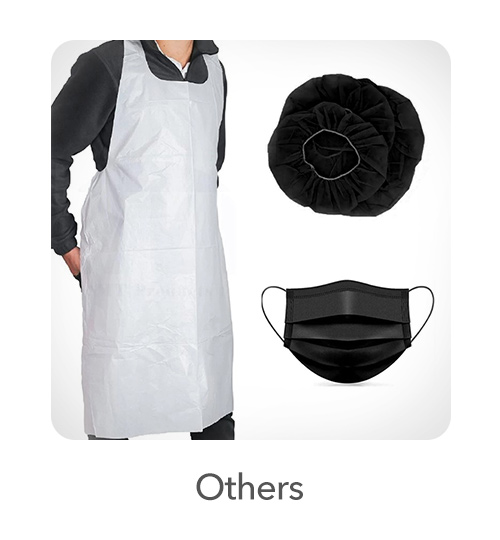 Other Wearables: To ensure comprehensive protection, we offer poly Hy-Five and CLW disposable white aprons, ear loop protective face masks in black and blue, disposable hair nets to maintain cleanliness in sensitive environments, and disposable sleeves to protect arms from contaminants.