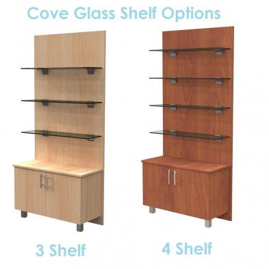 Cove shelf package, floating glass shelves, optical display, glass display, optical furniture