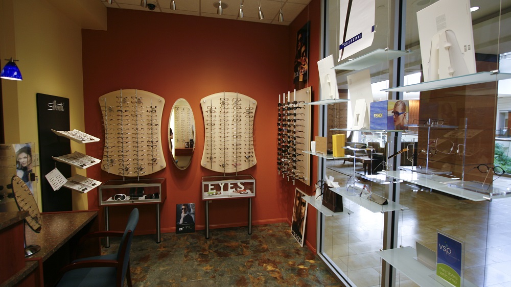 optical display, displays for eyewear, eyewear display, optical dispensing tables, locking eyeglass displays, sunglasses display, optometric architectural services