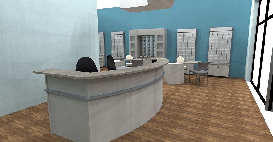 reception desk design, space design, optical space design, optical space remodel, architectural space design, optical office, remodel