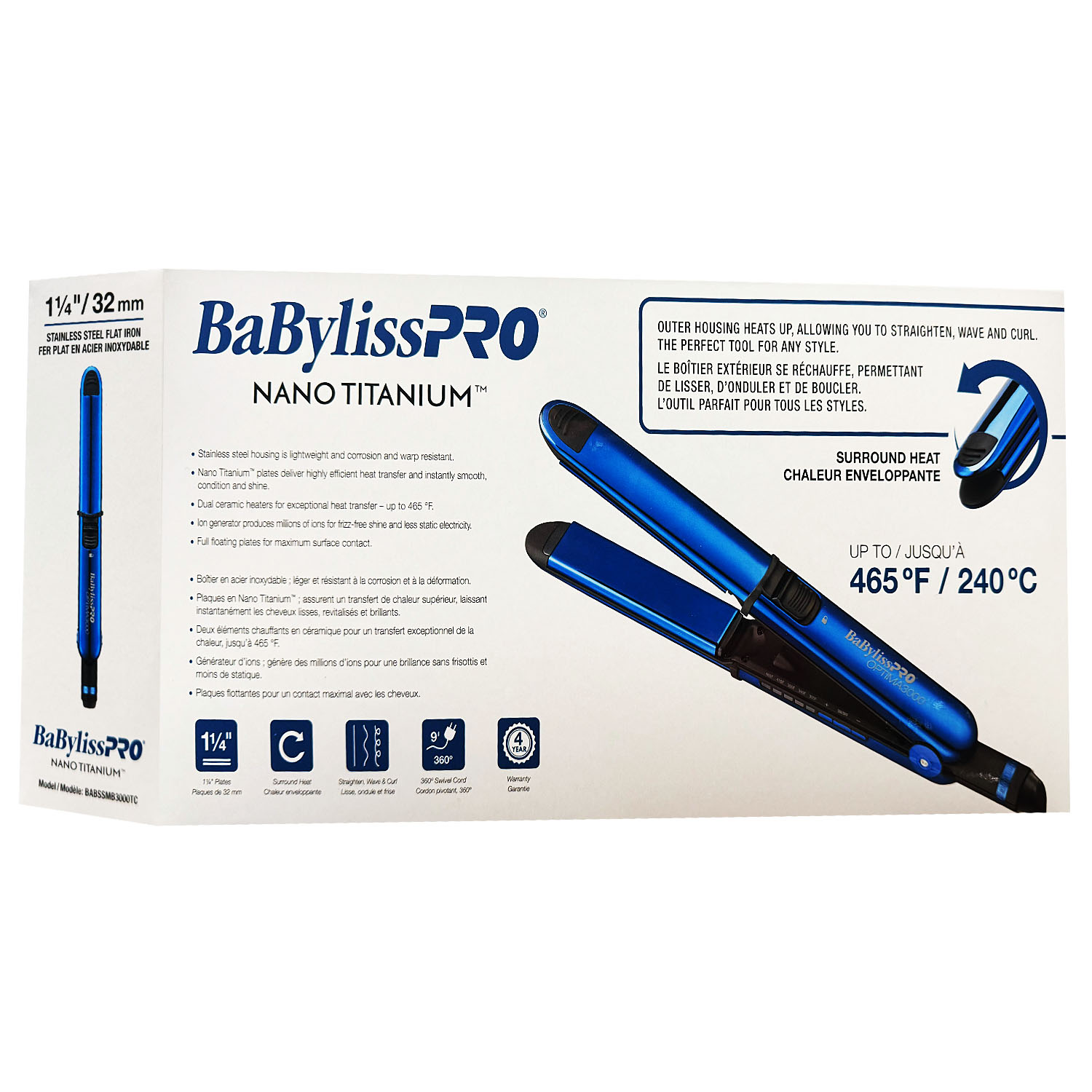 BaBylissPRO Nano Titanium 1-1/4" Stainless Steel Optima3000 Flat Iron Black
