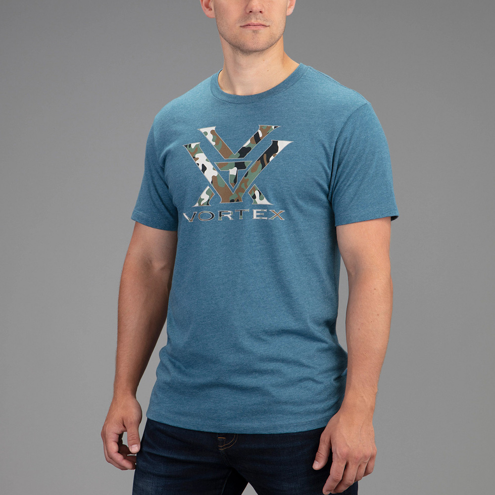 Vortex Men's T-Shirt: Steel Blue Heather Camo Logo