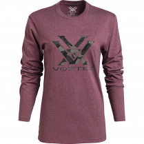 Vortex Women's LS T-Shirt: Burgundy Camo Core Logo