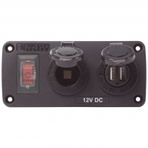 BS4363   Water-Resistant Accessory Panel - 15A Breaker, 12V Socket, 2.1A Dual USB Charger
