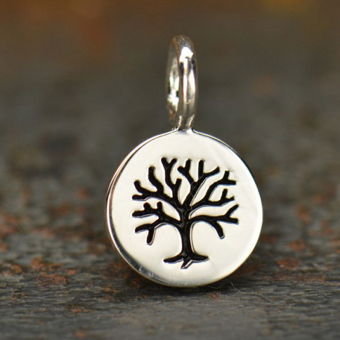 Sterling Silver Tree of Life Etched on Round Charm 13x8mm
