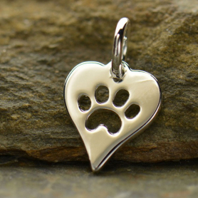 Sterling Silver Heart Charm with Paw Print 13x8mm