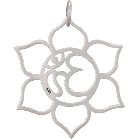 Sterling Silver Lotus Pendant with Om - Openwork 37x32mm