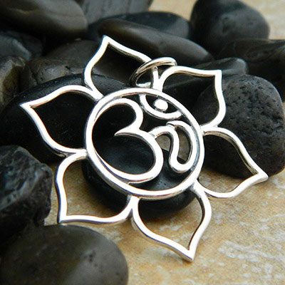 Sterling Silver Lotus Pendant with Om - Openwork 37x32mm