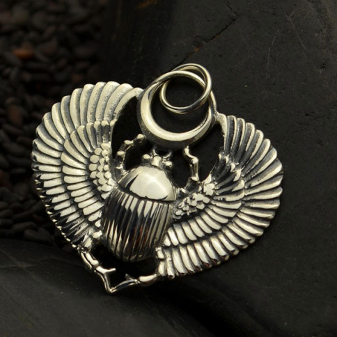 Sterling Silver Egyptian Scarab Pendant with Wings 29x27mm