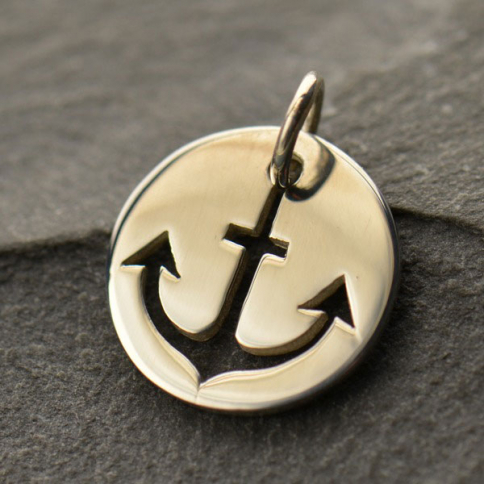 Sterling Silver Cutout Anchor Charm on Round Disc 15x12mm