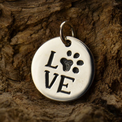 Sterling Silver Word Charm -Round LOVE with Pawprint 16x13mm