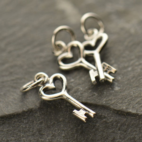 Sterling Silver Heart Key Charm - Tiny 18x6mm