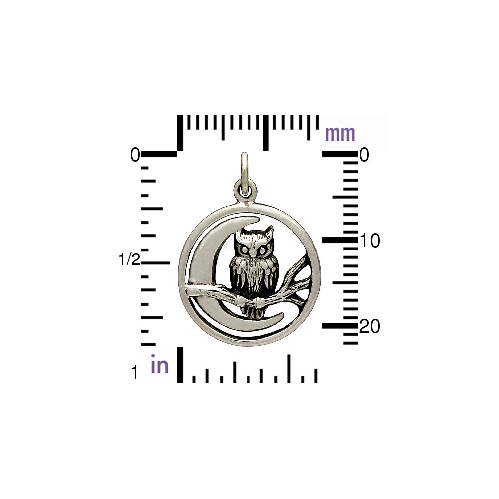 Sterling Silver Moon Charm with Owl - Openwork 23x17mm