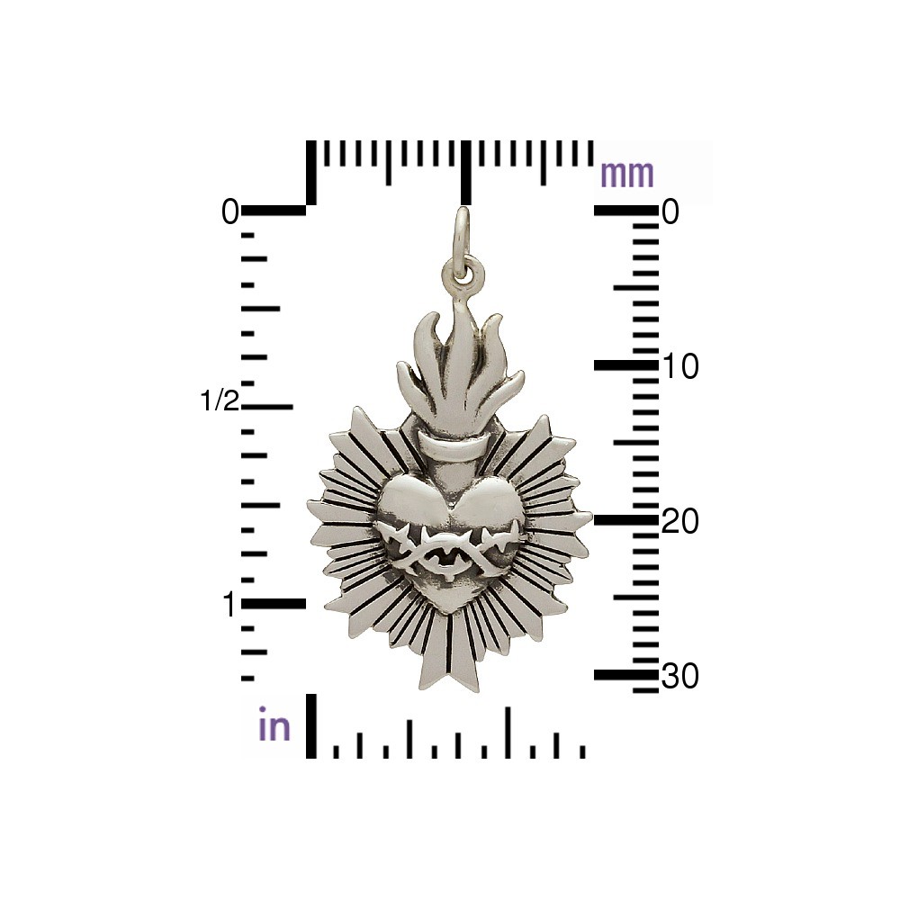Sterling Silver Flaming Sacred Heart Pendant 33x19mm
