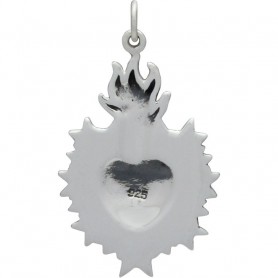Sterling Silver Flaming Sacred Heart Pendant 33x19mm