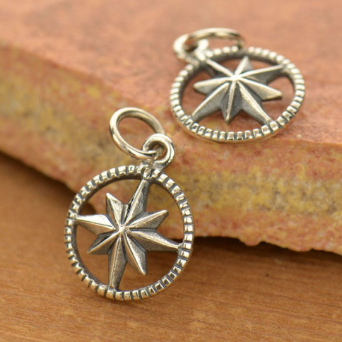Sterling Silver Compass Charm in Circle Frame 17x11mm