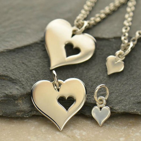 Sterling Silver Heart Charm with Heart Cutout and Heart Set