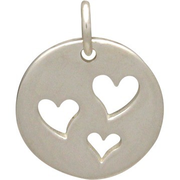 Sterling Silver Round Charm with Three Heart Cutouts 16x12mm