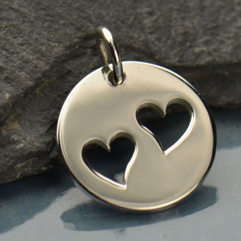Sterling Silver Round Charm with Two Heart Cutouts 16x12mm