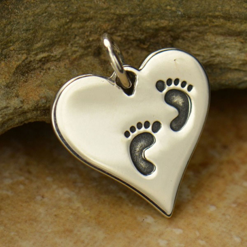 Sterling Silver Heart Charm with Etched Footprints 16x14mm