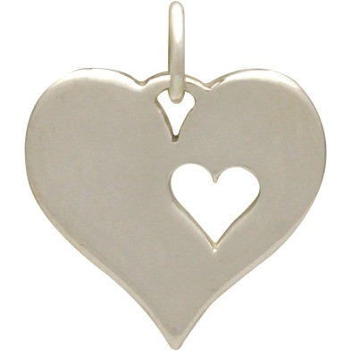 Sterling Silver Heart Charm with One Heart Cutout 17x13mm