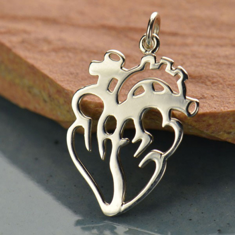 Sterling Silver Anatomical Heart Charm - Flat 26x16mm