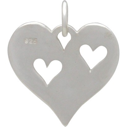 Sterling Silver Heart Charm with Two Heart Cutouts 17x15mm