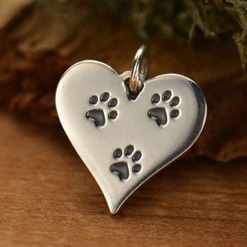 Sterling Silver Heart Charm with Etched Pawprints 16x14mm