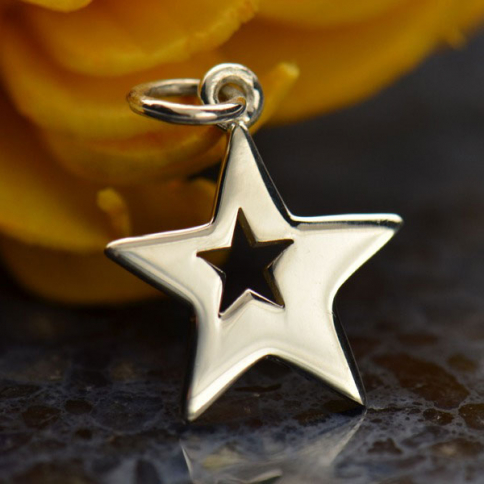 Sterling Silver Star Charm with One Star Cutout 18x12mm