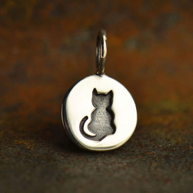 Sterling Silver Etched Sitting Cat Charm 13x8mm