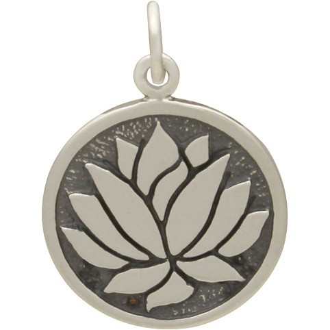 Sterling Silver Lotus Pendant Etched on Round Charm 21x15mm