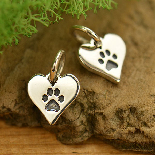 Sterling Silver Paw Print Charm on Heart - Pet Charm