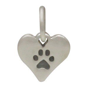 terling Silver Paw Print Charm on Heart - Pet Charm 11x7mm