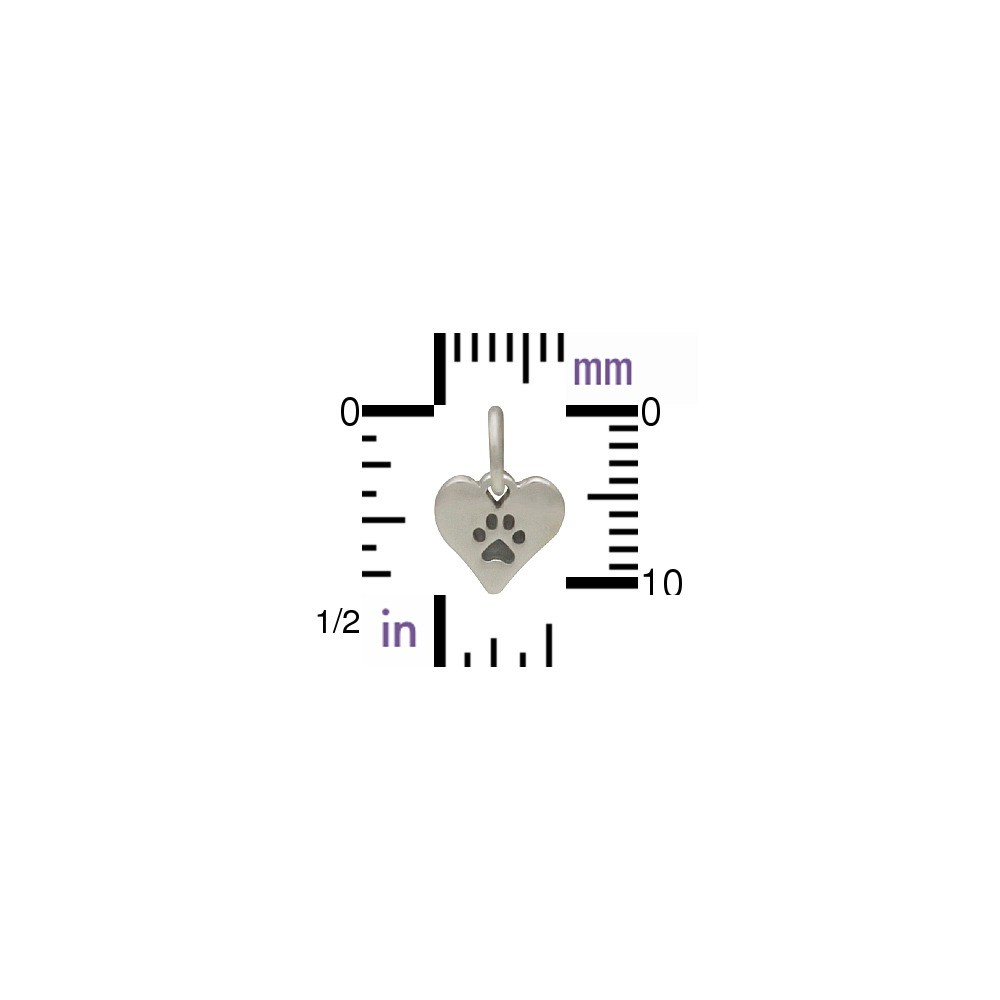 terling Silver Paw Print Charm on Heart - Pet Charm 11x7mm