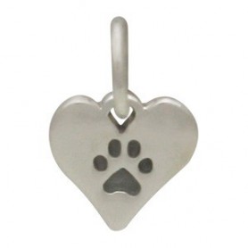 terling Silver Paw Print Charm on Heart - Pet Charm 11x7mm