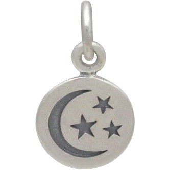 Silver Small Round Circle with Etched Moon and Star 14x8mm