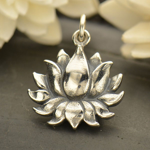 Sterling Silver Textured Blooming Lotus Charm 18x15mm