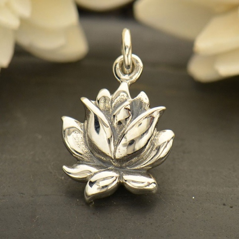 Sterling Silver Textured Blooming Lotus Charm 16x10mm