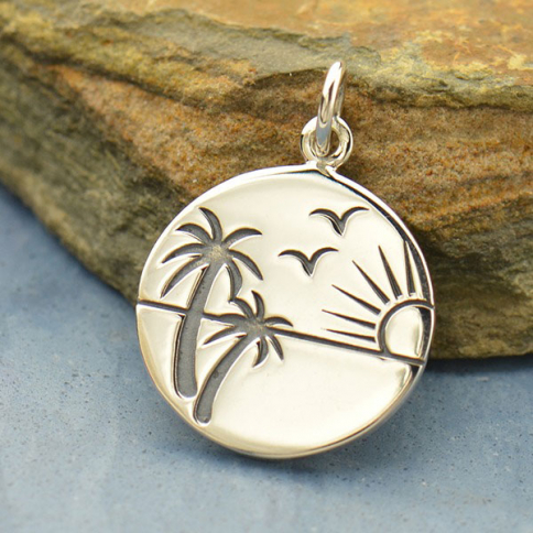 Sterling Silver Beach Charm with Etched Sunset Scene 21x15mm