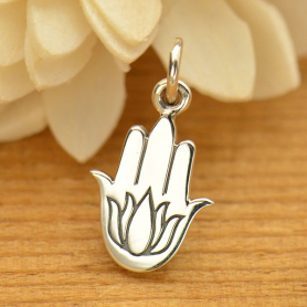 Sterling Silver Hamsa Hand Charm with Etched Lotus 17x9mm