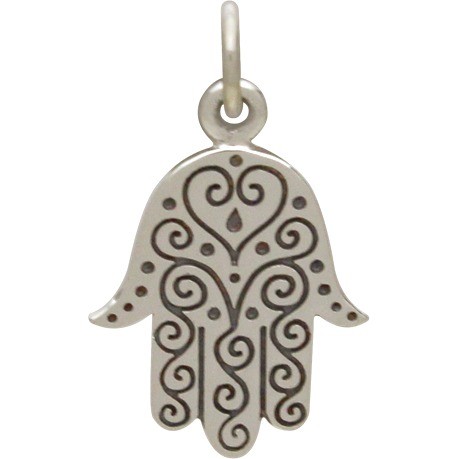 Silver Hamsa Hand Charm with Etched Swirl Pattern 20x11mm