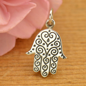 Silver Hamsa Hand Charm with Etched Swirl Pattern 20x11mm