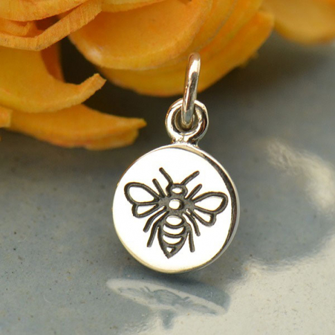 Sterling Silver Small Round Charm with Etched Bee 14x8mm