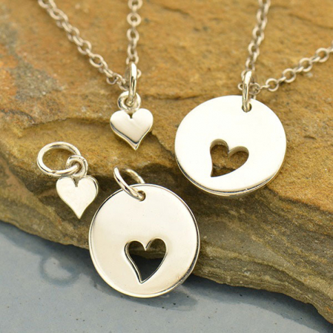 Sterling Silver Round Charm with Heart Cutout and Heart Set