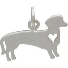 Sterling Silver Dog Charm - Dachshund with Heart 13x13mm