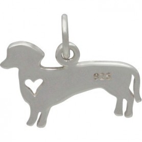 Sterling Silver Dog Charm - Dachshund with Heart 13x13mm